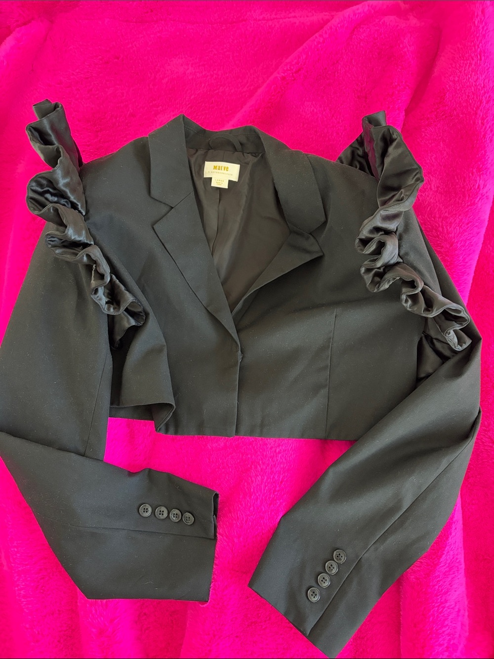 Maeve Black Cropped Blazer with Ruffle Shoulder Accents